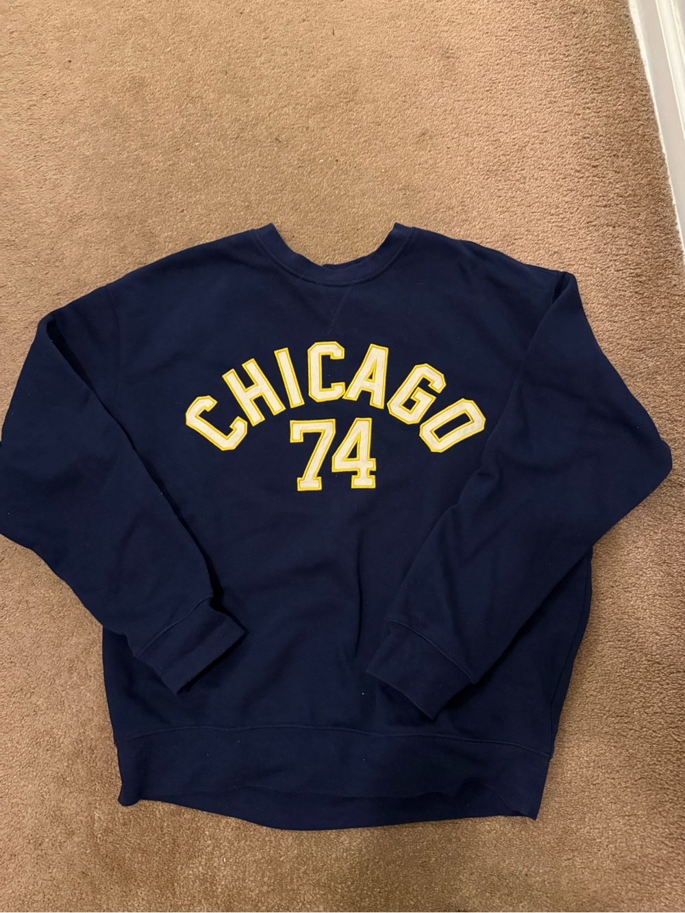 Primark Navy Crewneck Sweatshirt with Yellow 'CHICAGO 74'